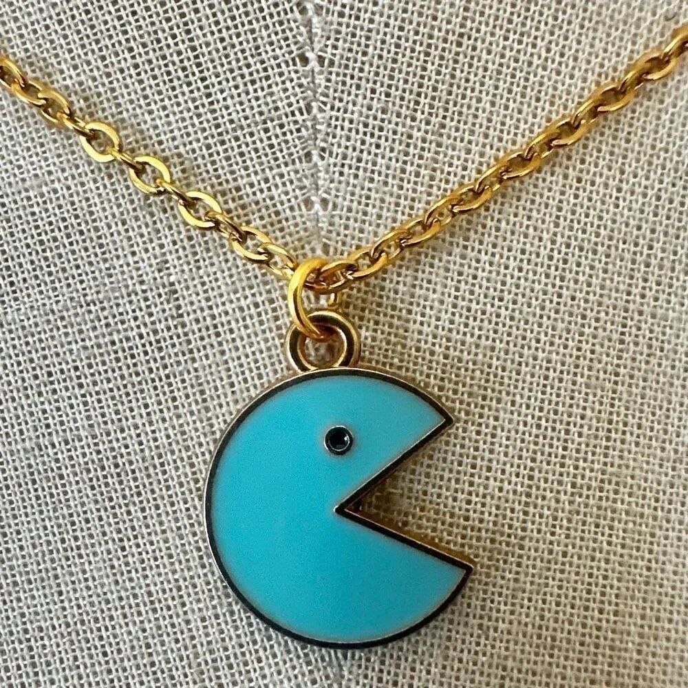 Retro Turquoise Enamel Pac-Man Pendant Necklace